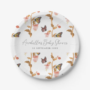 Modern Pink Boho Butterfly Girl Baby Shower Paper Plate