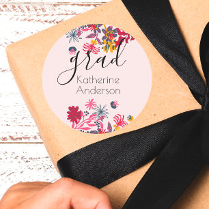 Modern Pink Boho Colourful Floral Grad Mailing Classic Round Sticker