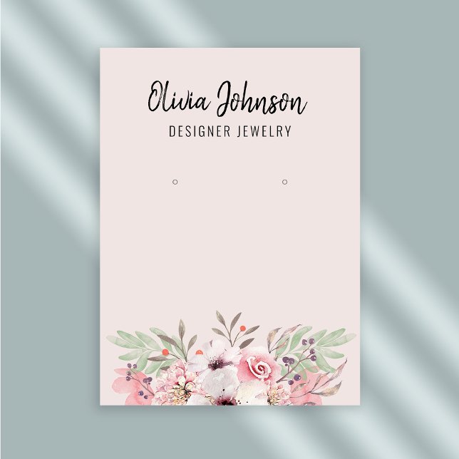 Modern Pink Boho Floral Jewellery Earring Display  Business Card (Stylishly Personalize with Your Custom Name & Optional Text. Add Contact Information on Reverse Side)