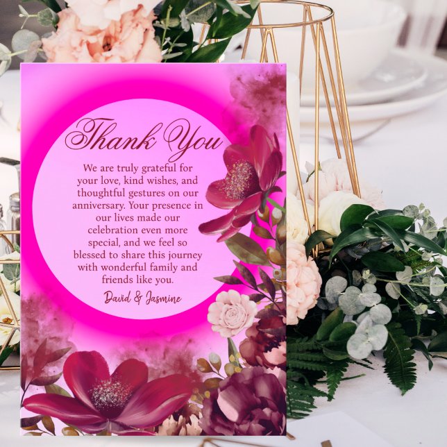 Modern Pink Boho Floral Wedding Anniversary Party Thank You Card (Creator Uploaded)