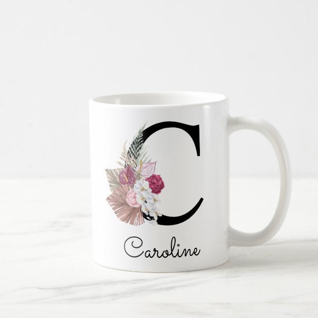 Modern Pink Boho Girly Floral Initial C Coffee Mug (Right)