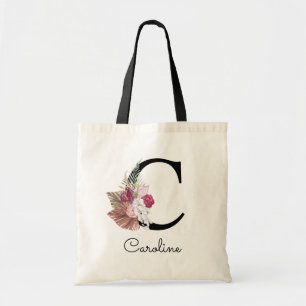 Modern Pink Boho Girly Floral Initial C Tote Bag