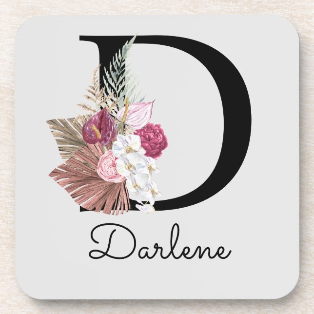Modern Pink Boho Girly Floral Initial D Beverage C Coaster (Front)