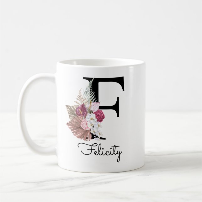 Modern Pink Boho Girly Floral Initial F Coffee Mug (Left)
