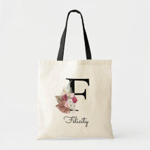 Modern Pink Boho Girly Floral Initial F Tote Bag
