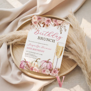Modern Pink Boho Pumpkin Autumn Birthday Brunch  Invitation