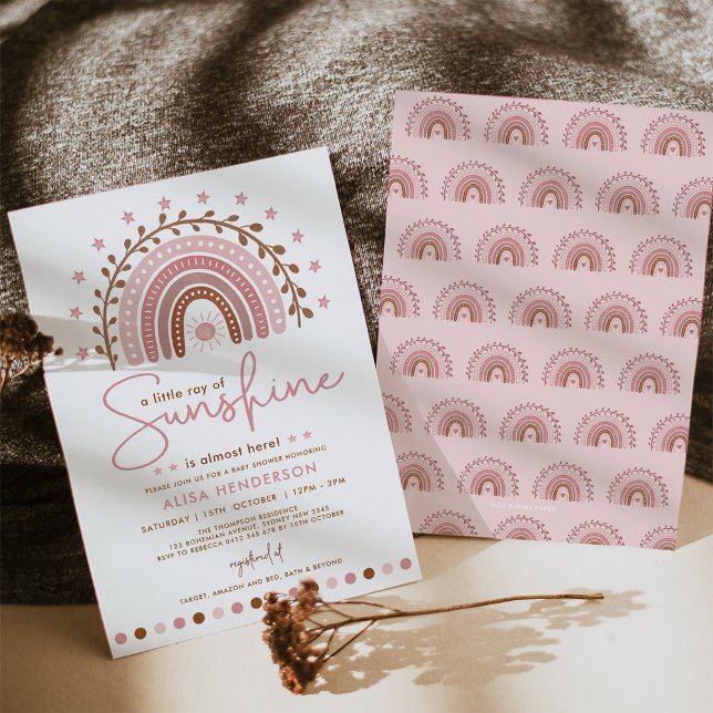 Modern Pink Boho Rainbow Sunshine Girl Baby Shower Invitation (Creator Uploaded)