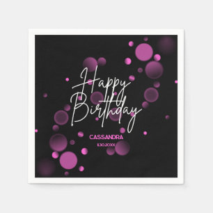 Modern Pink Bokeh Gradient Black Happy Birthday Napkin