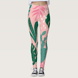 Modern pink botanical print active wear leggings