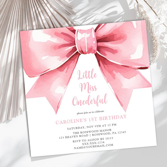 Modern Pink Bow Baby Girl First Birthday Invitation (Creator Uploaded)
