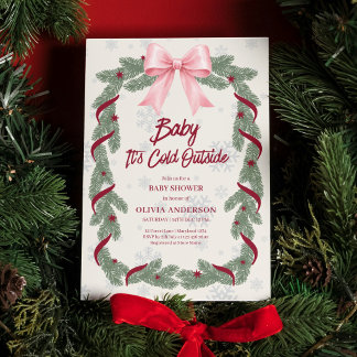 Modern Pink Bow Baby It's Cold Outside Baby Shower Invitation
