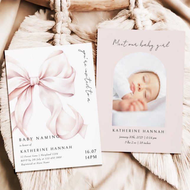Modern Pink Bow Baby Naming  Invitation (Creator Uploaded)