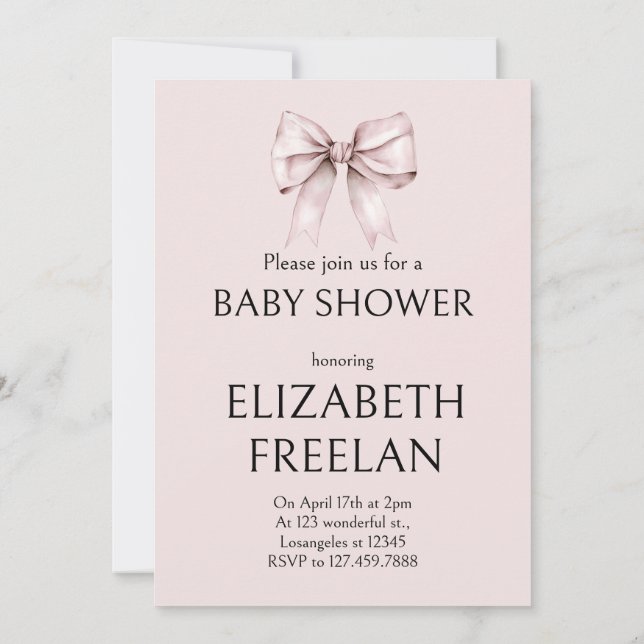 Modern pink bow baby shower Invitation (Back)