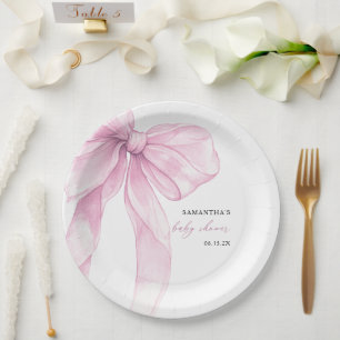 Modern Pink Bow Baby Shower  Paper Plate