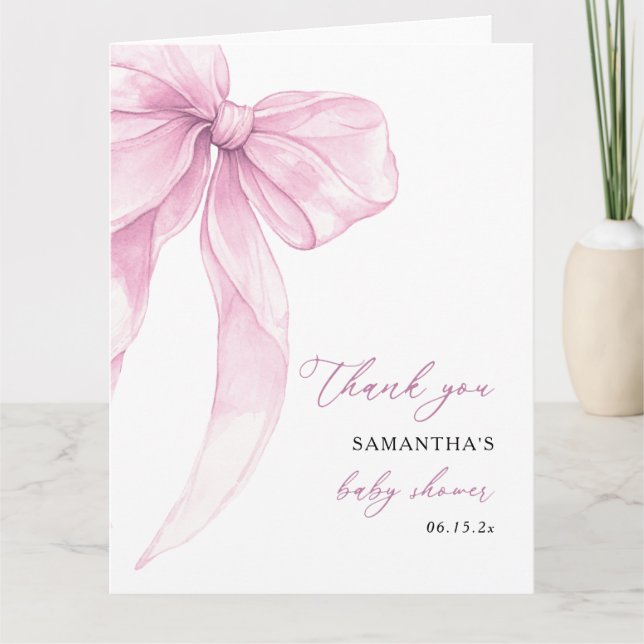 Modern Pink Bow Baby Shower  Thank You Card (Front)