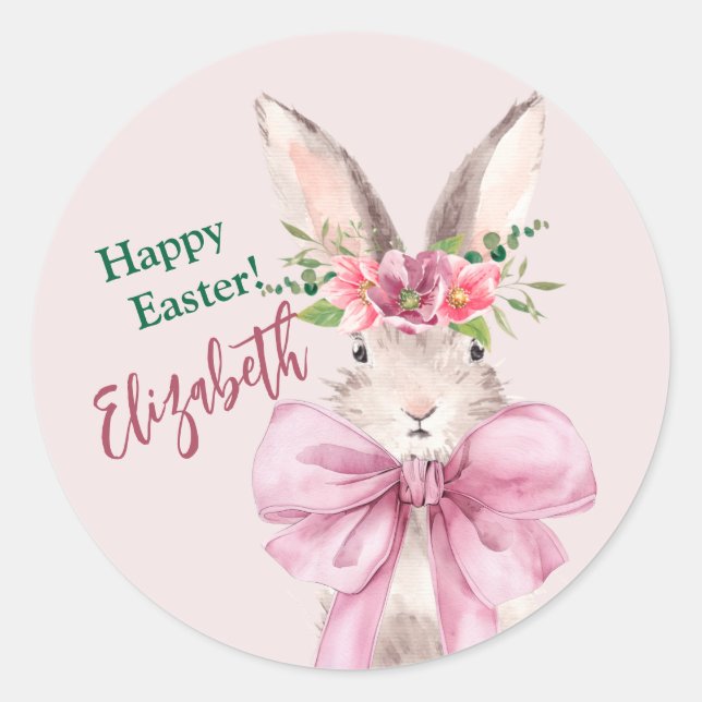 Modern Pink bow bunny Happy easter rabbit   Classic Round Sticker (Front)