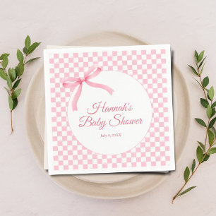 Modern Pink Bow Chequered Baby Shower Napkins