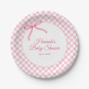 Modern Pink Bow Chequered Baby Shower Paper Plates