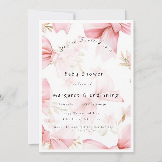 Modern Pink Bow Coquette Baby Shower Invitation (Front)