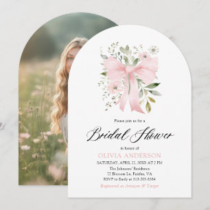 Modern Pink Bow Coquette Floral Bridal Shower Invitation