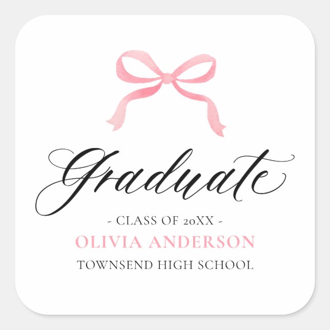 Modern Pink Bow Coquette Graduate Graduation Square Sticker (Front)