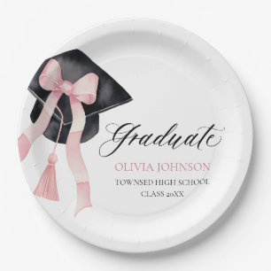 Modern Pink Bow Coquette Graduation Cap Graduate Paper Plate