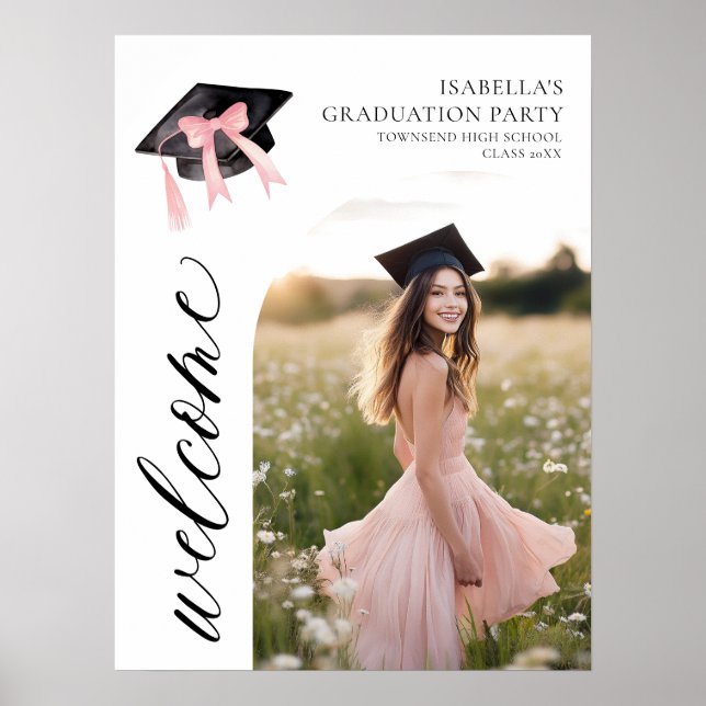 Modern Pink Bow Coquette Graduation Cap Welcome Poster (Front)