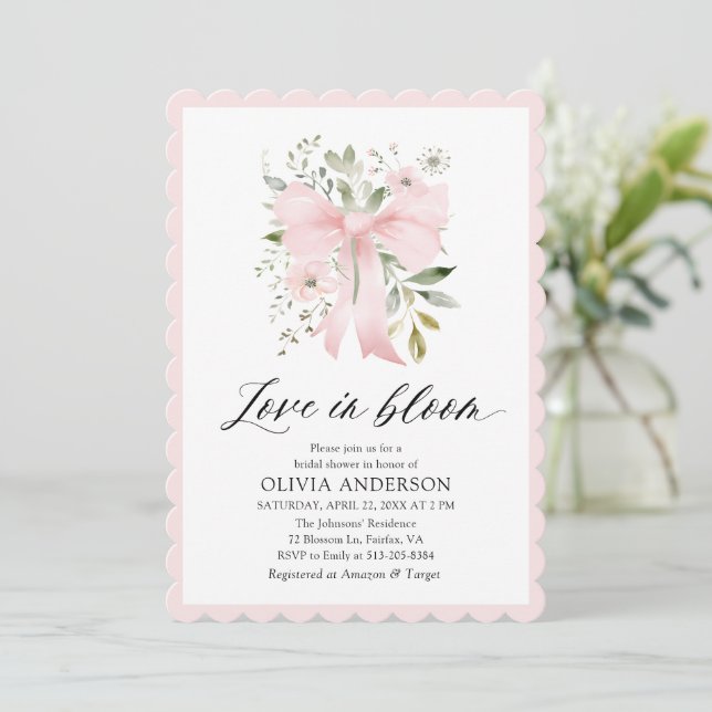 Modern Pink Bow Floral Love in Bloom Bridal Shower Invitation (Standing Front)