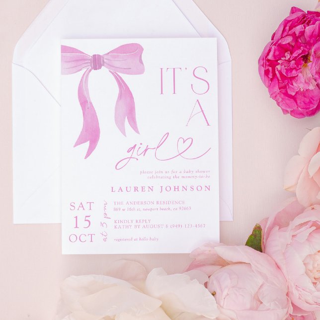 Modern Pink Bow Girl Baby Shower Invitation (Creator Uploaded)