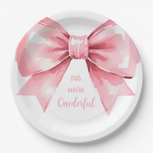 Modern Pink Bow Girl First Birthday Paper Plate