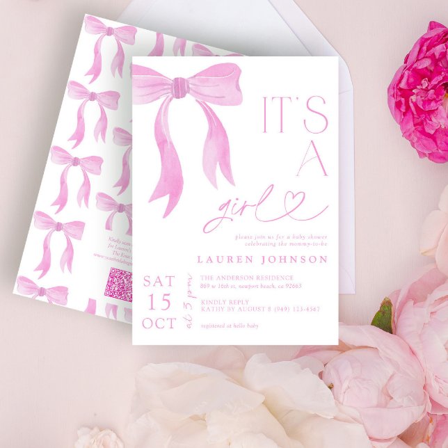Modern Pink Bow Girl QR Code Baby Shower Invitation (Creator Uploaded)