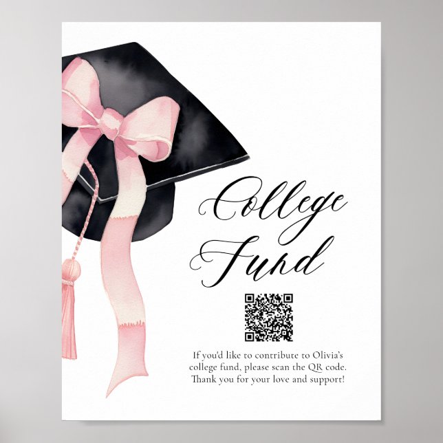 Modern Pink Bow Gradation Cap QR Code College Fund Poster (Front)