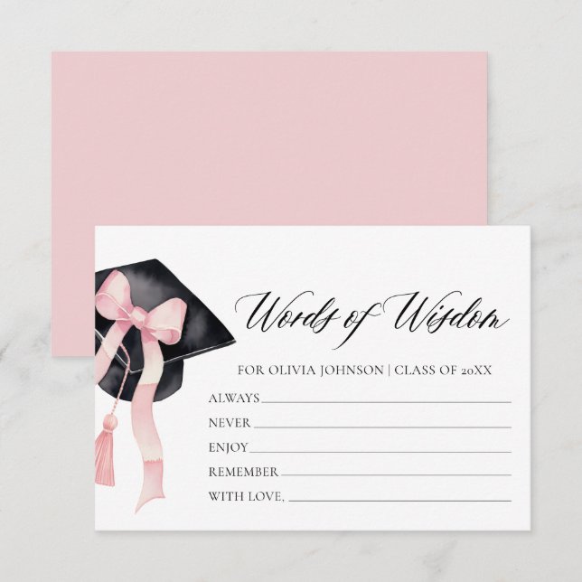 Modern Pink Bow Graduation Advice Words of Wisdom Enclosure Card (Front/Back)