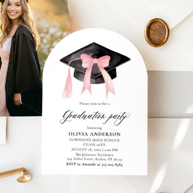 Modern Pink Bow Graduation Cap Graduation Arched  Invitation (Creator Uploaded)