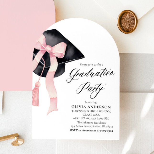 Modern Pink Bow Graduation Cap Graduation Arched  Invitation (Creator Uploaded)
