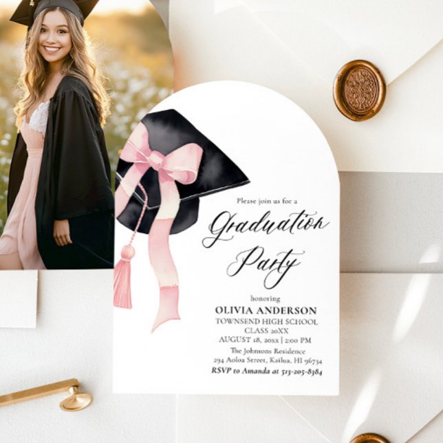 Modern Pink Bow Graduation Cap Graduation Arched Invitation (Creator Uploaded)