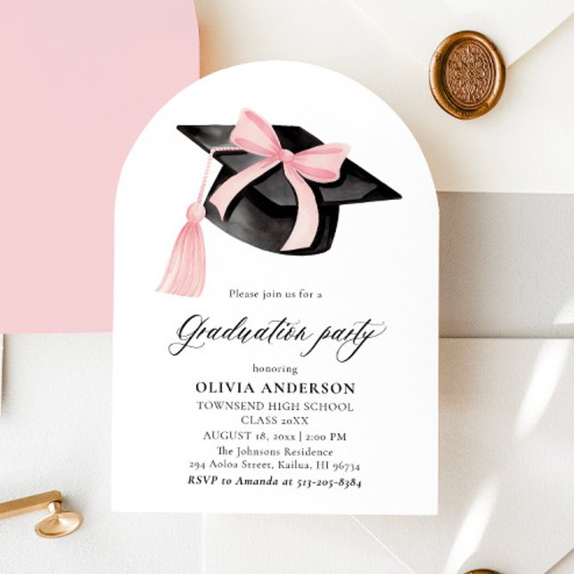 Modern Pink Bow Graduation Cap Graduation Arched Invitation (Creator Uploaded)