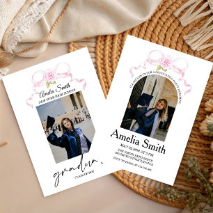 Modern Pink  Bow Graduation Class of 2026 Photo Invitation