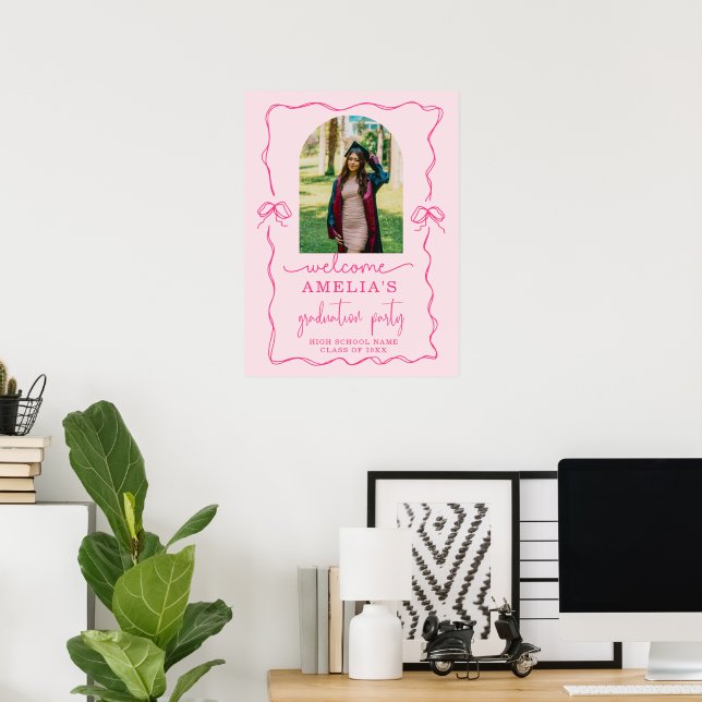 Modern Pink Bow Graduation Class of 2026 Photo  Poster (Home Office)