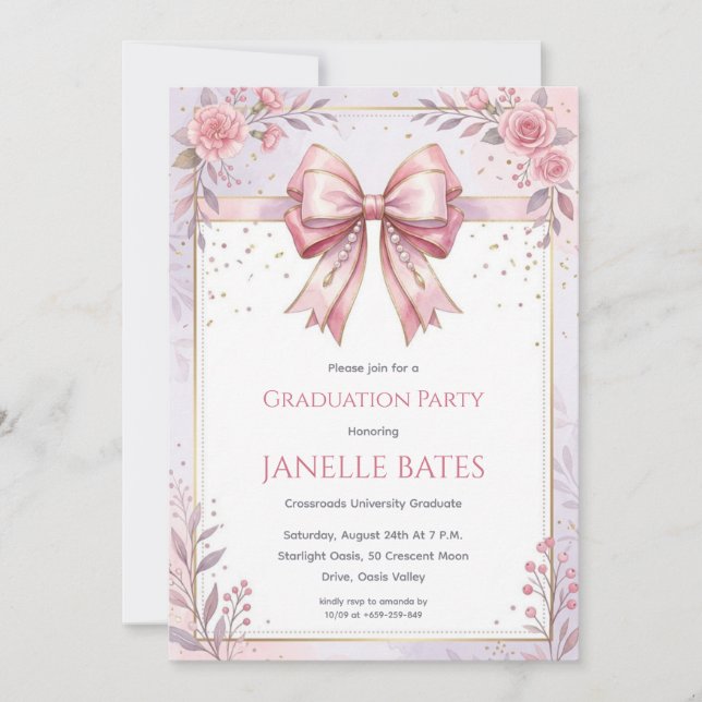 modern pink bow graduation invitations (Front)