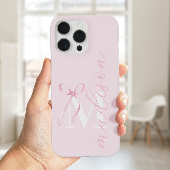 Modern Pink Bow Initial Monogram iPhone Case (Creator Uploaded)