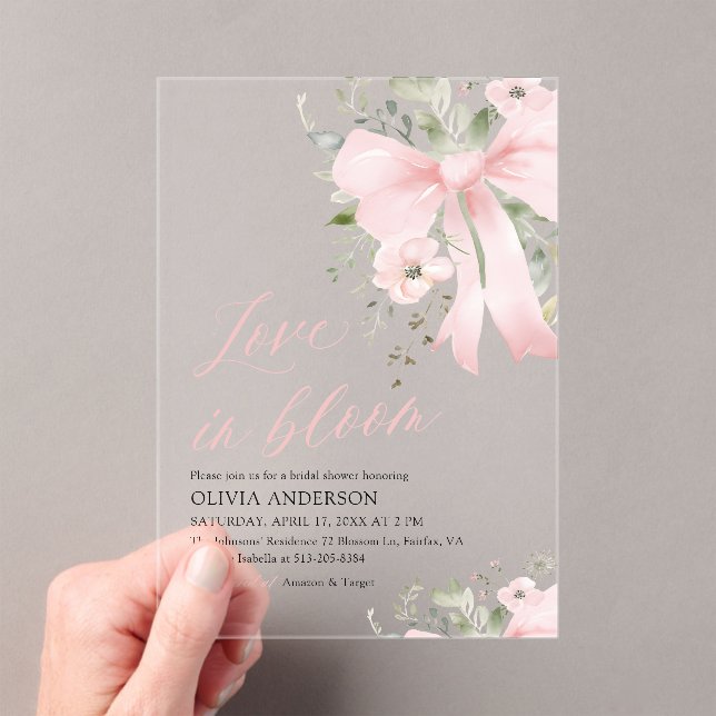 Modern Pink Bow Love in Bloom Floral Bridal Shower Acrylic Invitations (Insitu (Handheld))