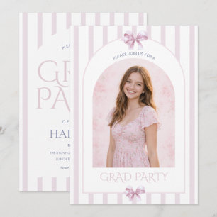 Modern Pink Bow Photo & Candy Stripe Graduation  Invitation