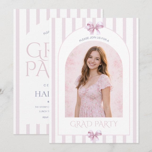 Modern Pink Bow Photo & Candy Stripe Graduation  Invitation (Front/Back)