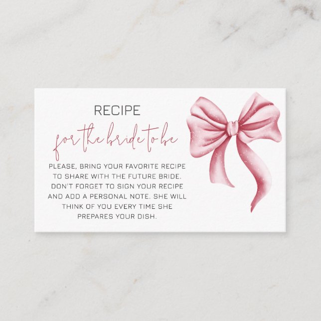 Modern Pink Bow Recipe Bridal Shower Enclosure Card (Front)