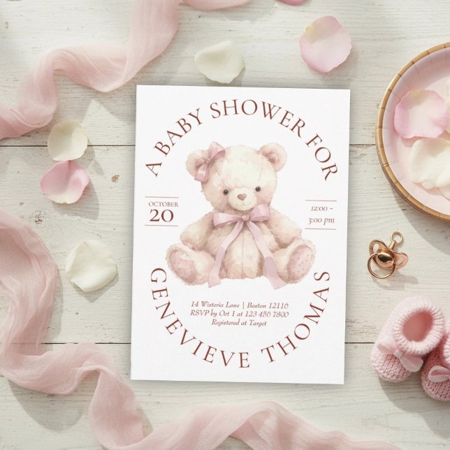 Modern Pink Bow Teddy Bear Baby Shower Invitation (Creator Uploaded)