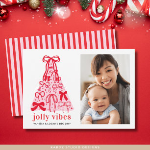 Modern Pink Bows Christmas Tree Photo Holiday Card