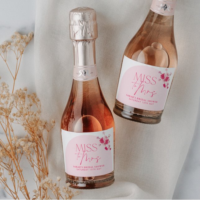 Modern Pink Bright Floral Bridal Shower Roses Sparkling Wine Label (Miss to Mrs | Mini Wine Labels - Matching items available.)
