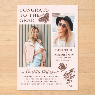 Modern Pink Brown Butterfly Photo Graduation Party Acrylic Invitations