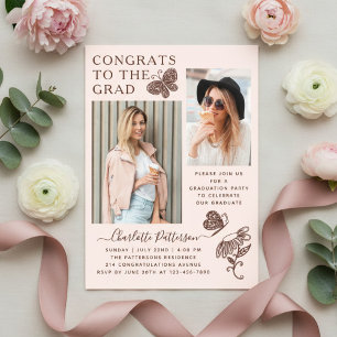 Modern Pink Brown Butterfly Photo Graduation Party Acrylic Invitations